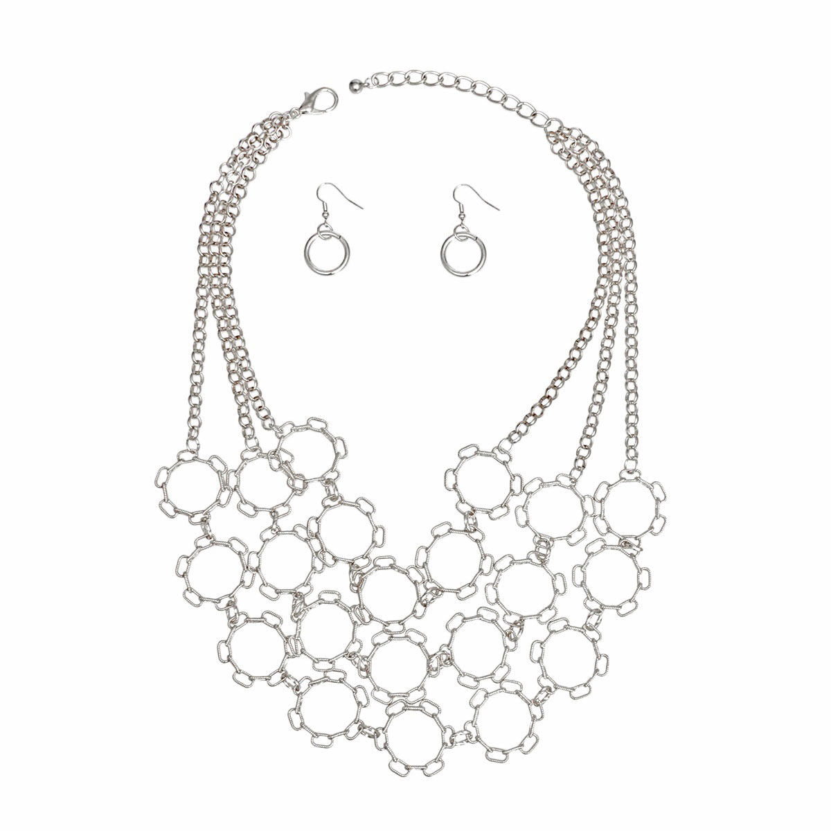 Chain Multi Row Multi Circle Silver Bib Necklace