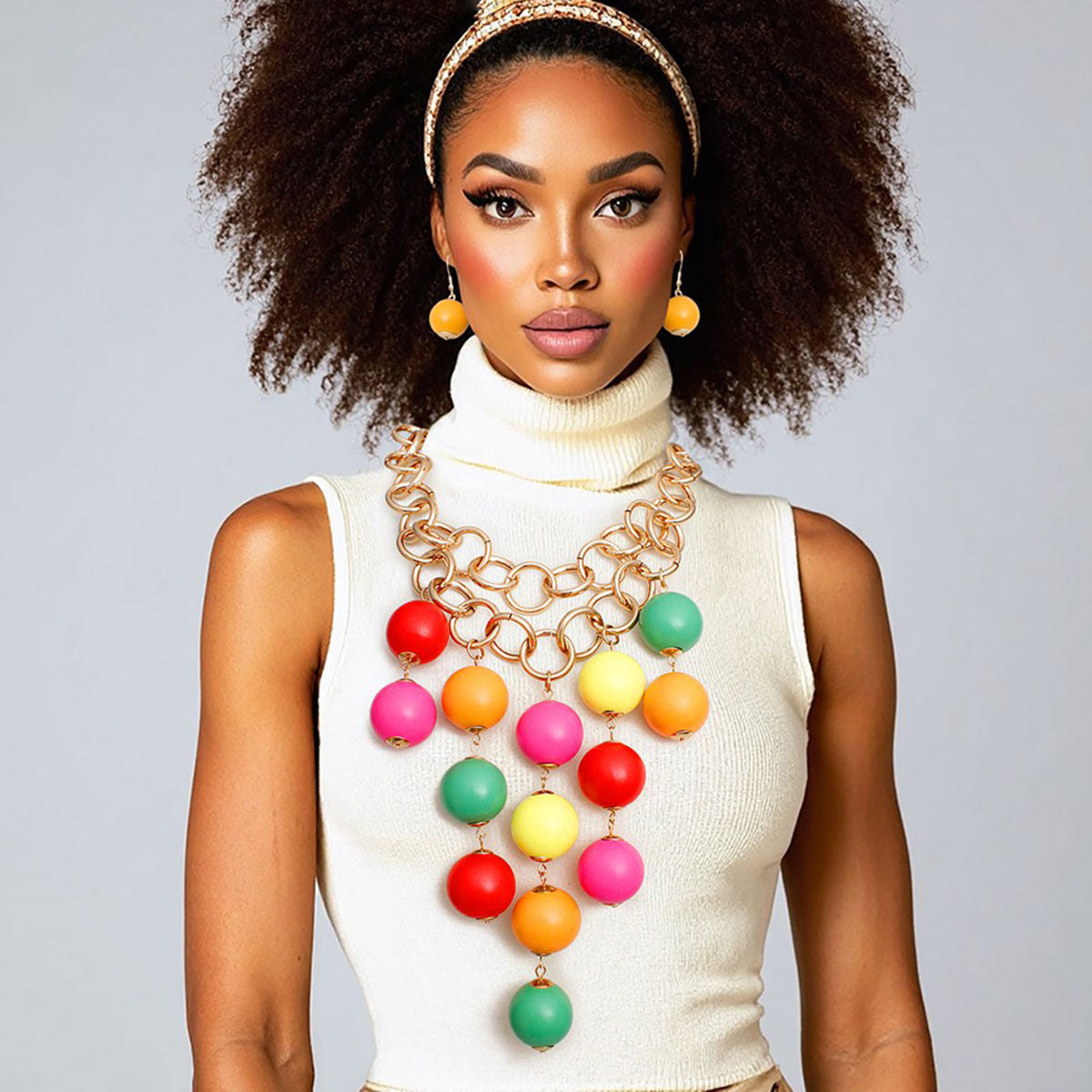 Bib Large Rainbow Wooden Ball Bead Drop Necklace