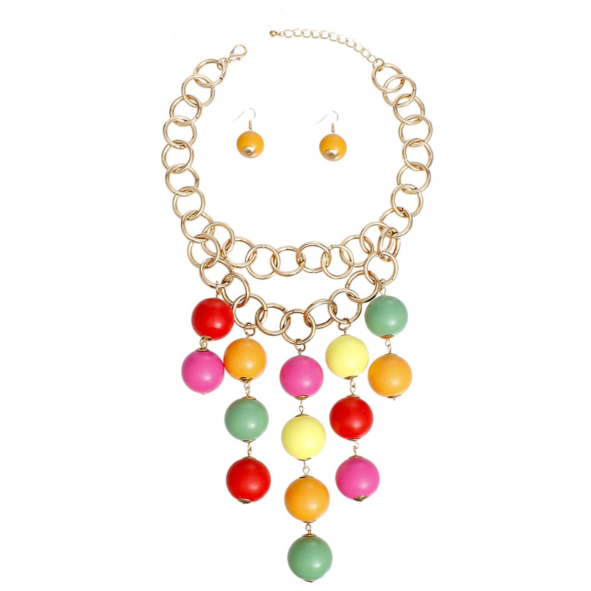 Bib Large Rainbow Wooden Ball Bead Drop Necklace