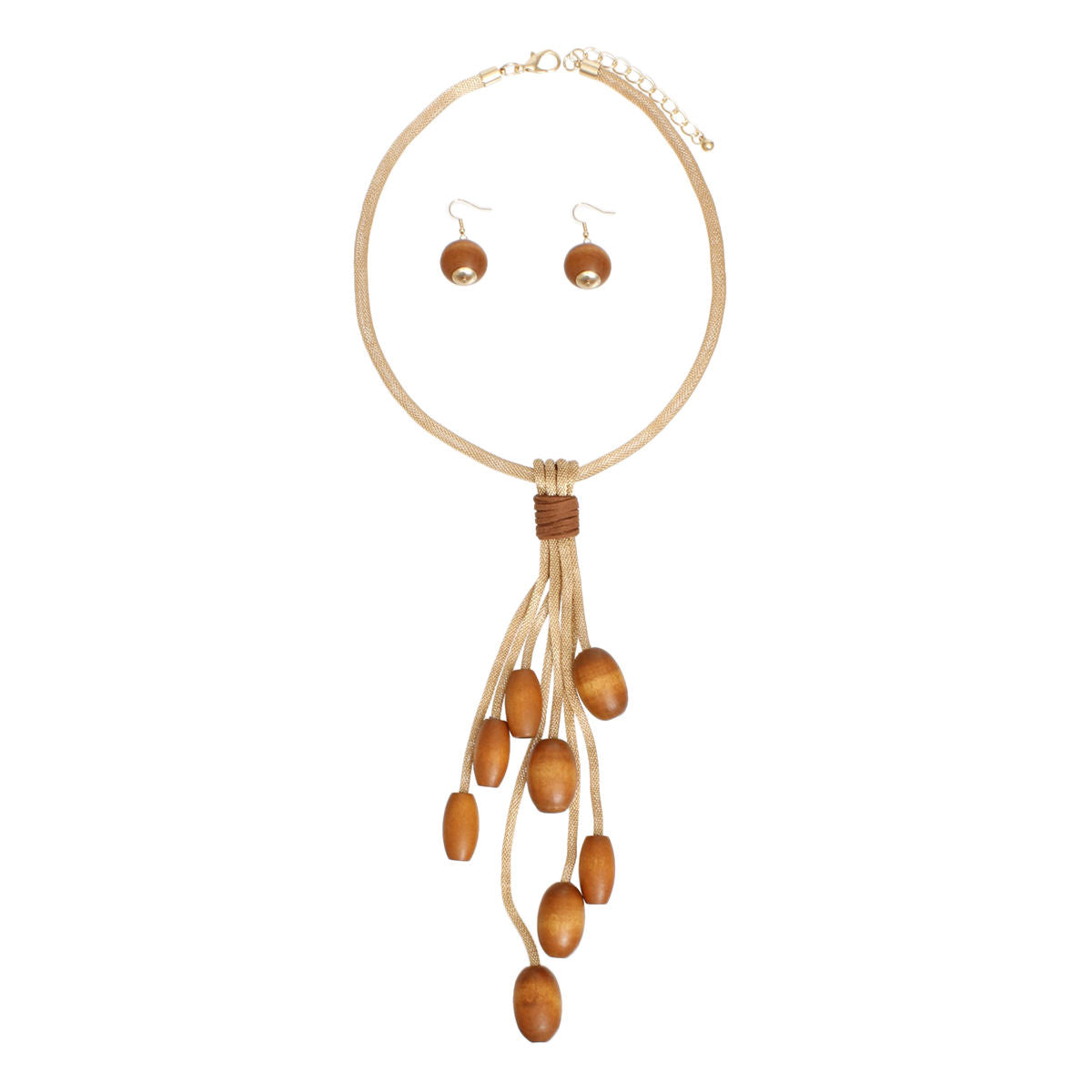 Tassel Gold Mesh Brown Wooden Bead Necklace