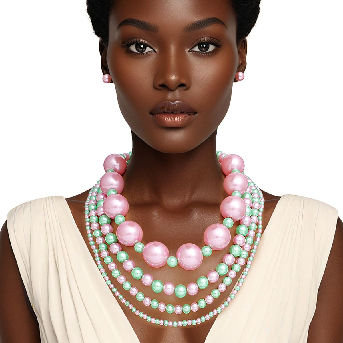 AKA Sorority Pink Green Jumbo Pearl Necklace Set