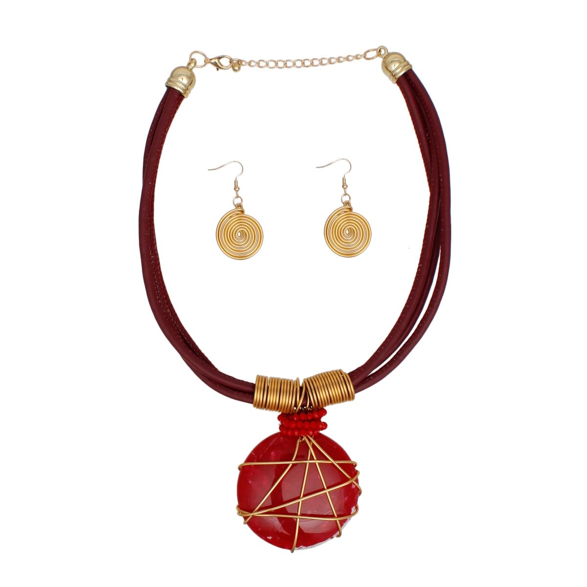 Pendant Red Leather Wire Wrapped Resin Necklace