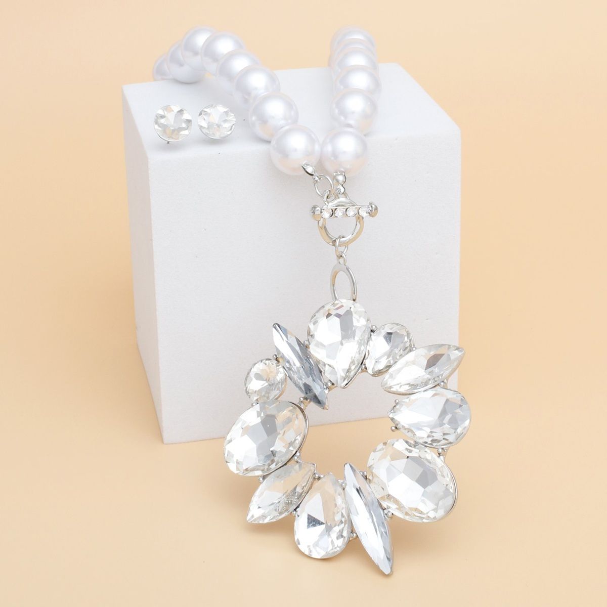 Toggle White Pearl Clear Crystal Pendant Necklace