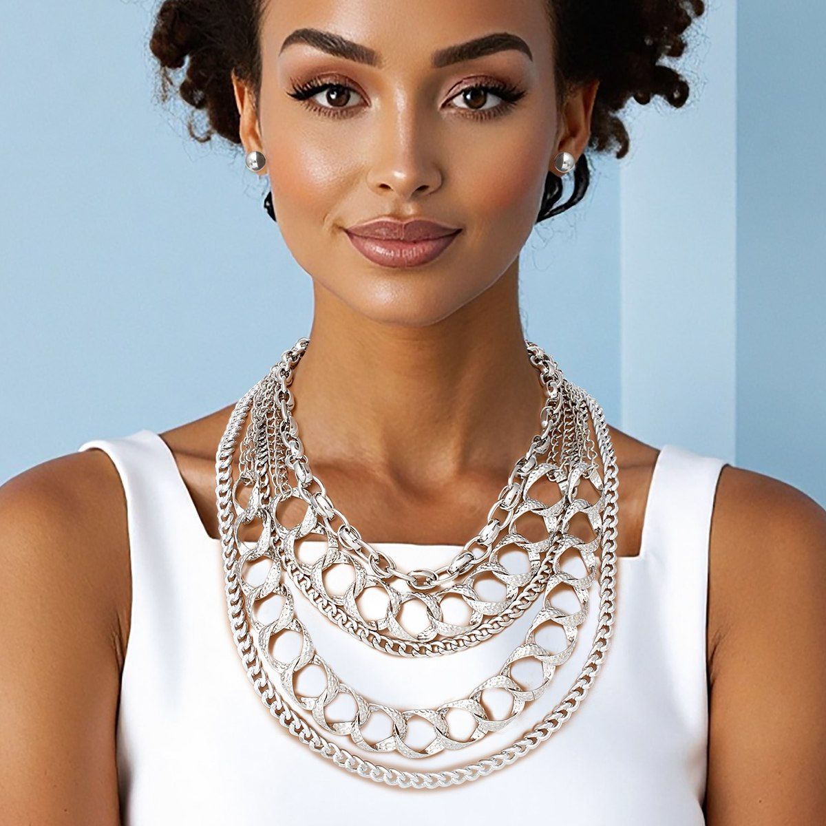 Chain Silver Modernist 5 Layer Multi Link Necklace