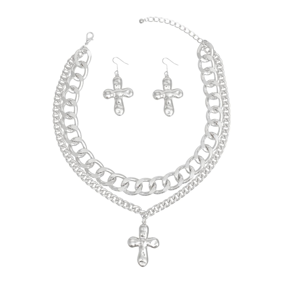 Chain Silver Hammered Cross Pendant Layer Necklace