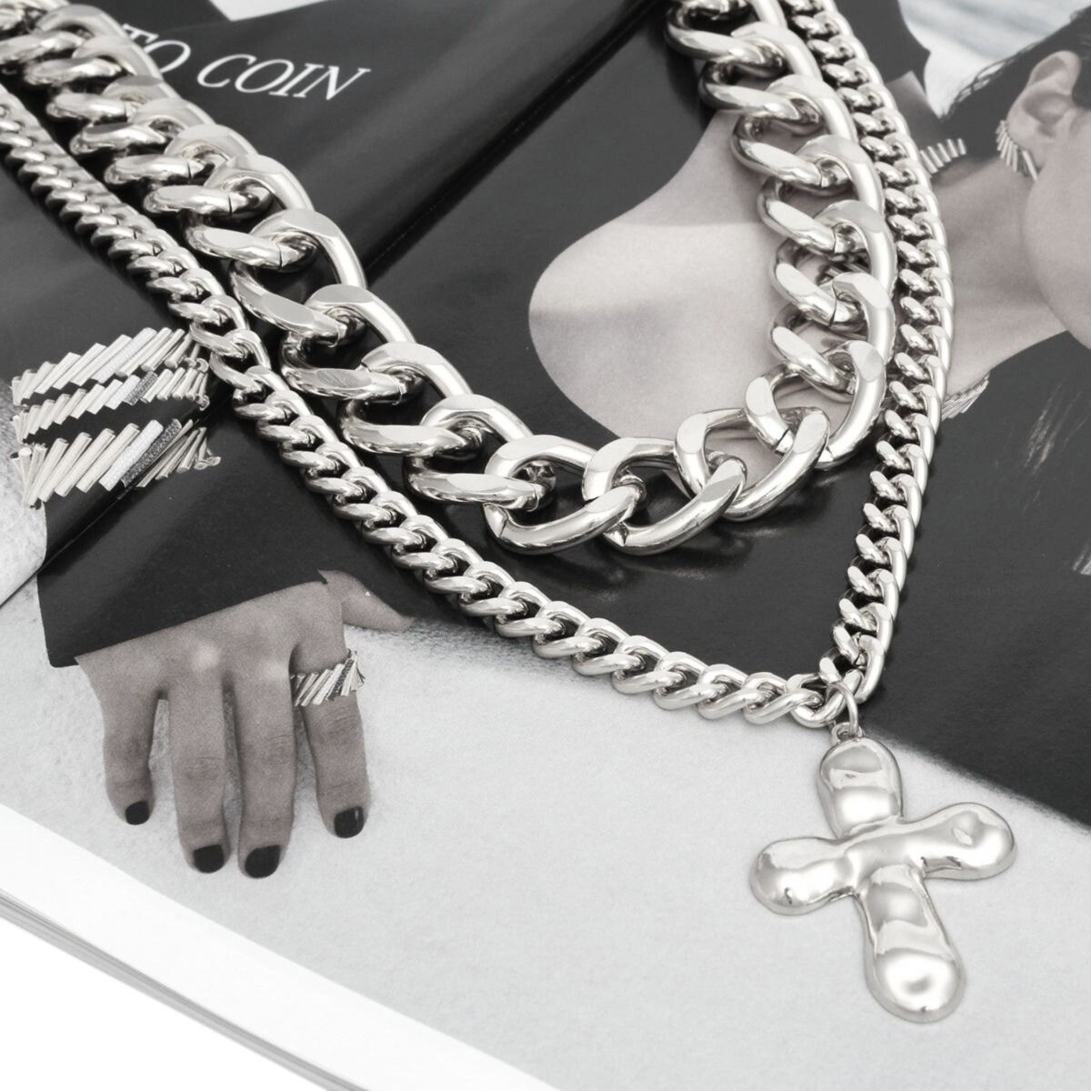 Chain Silver Hammered Cross Pendant Layer Necklace