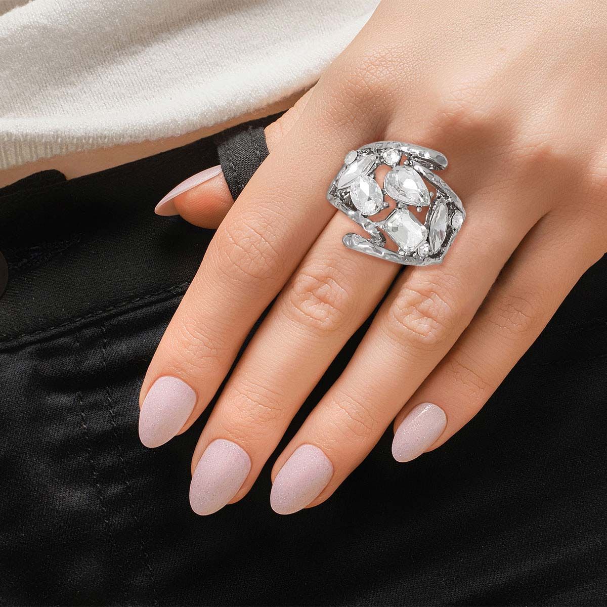 Cocktail Ring Silver Loop Crystal Ring