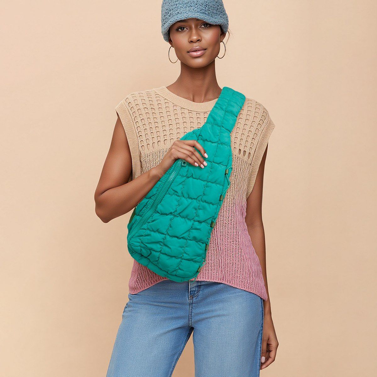 AKA Green Quilted Sling Crossbody Bag for Women