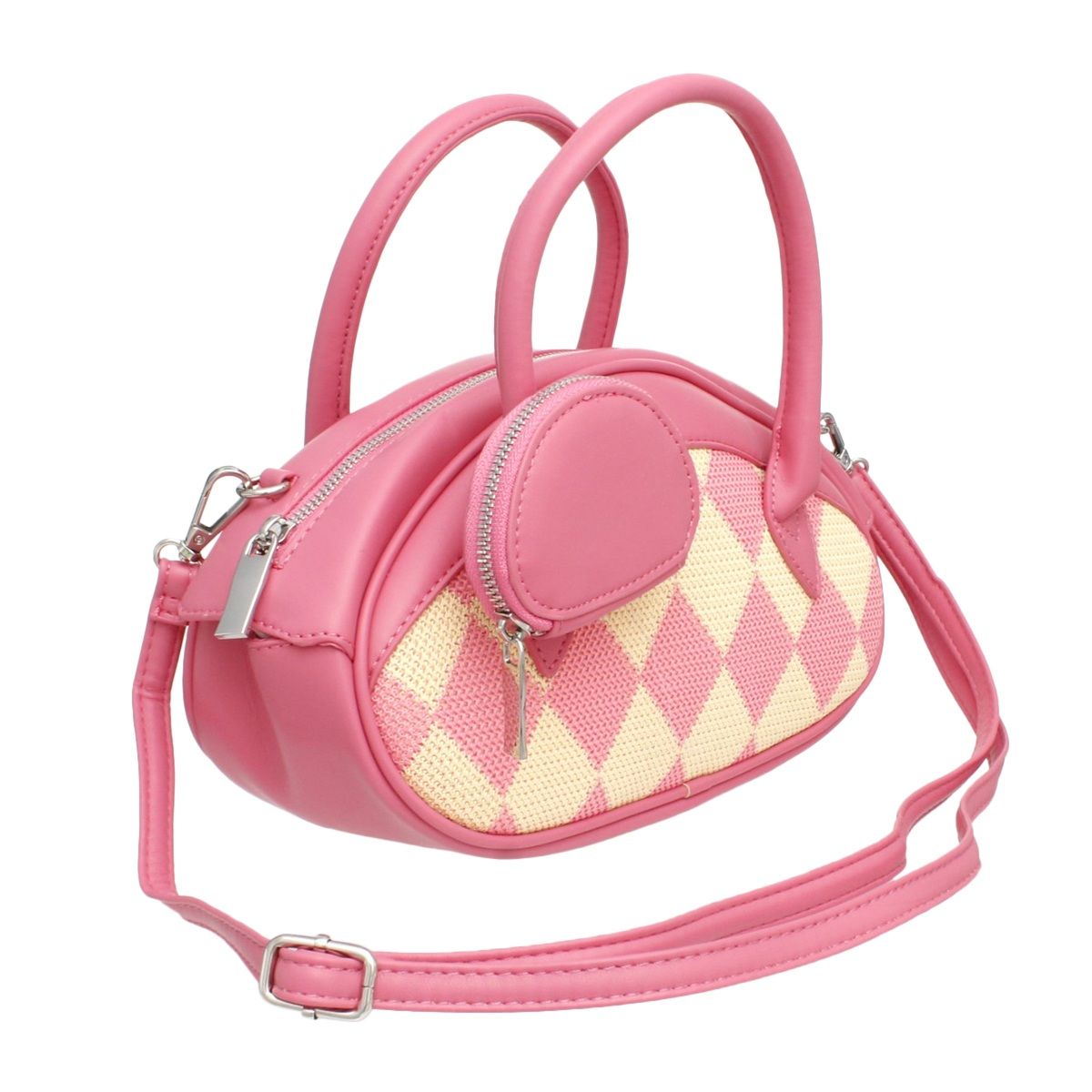Top Handle Pink Harlequin Detail Oval Handbag Set