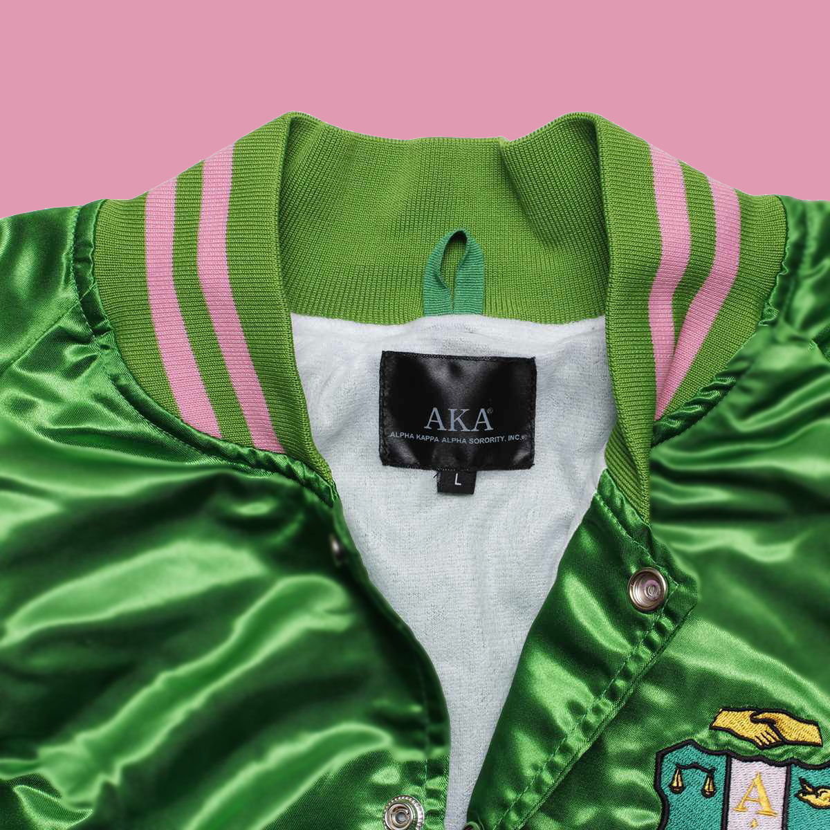 AKA Greek Apparel L Cropped Satin Varsity Jacket