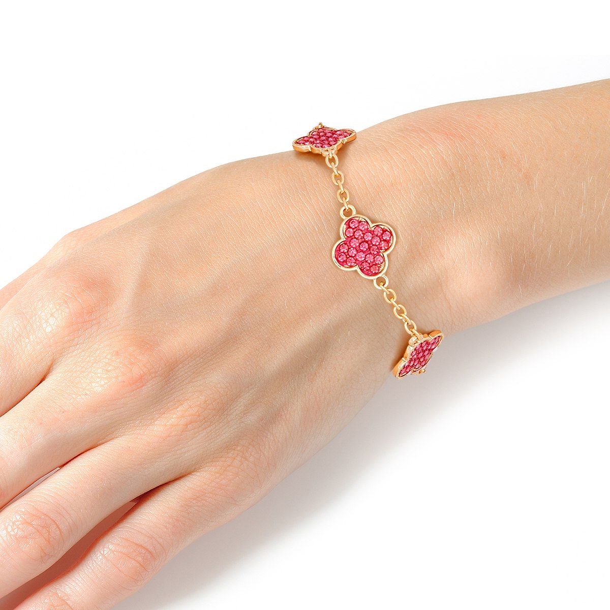 Chain Bracelet Pink Rhinestone Quatrefoil Clovers