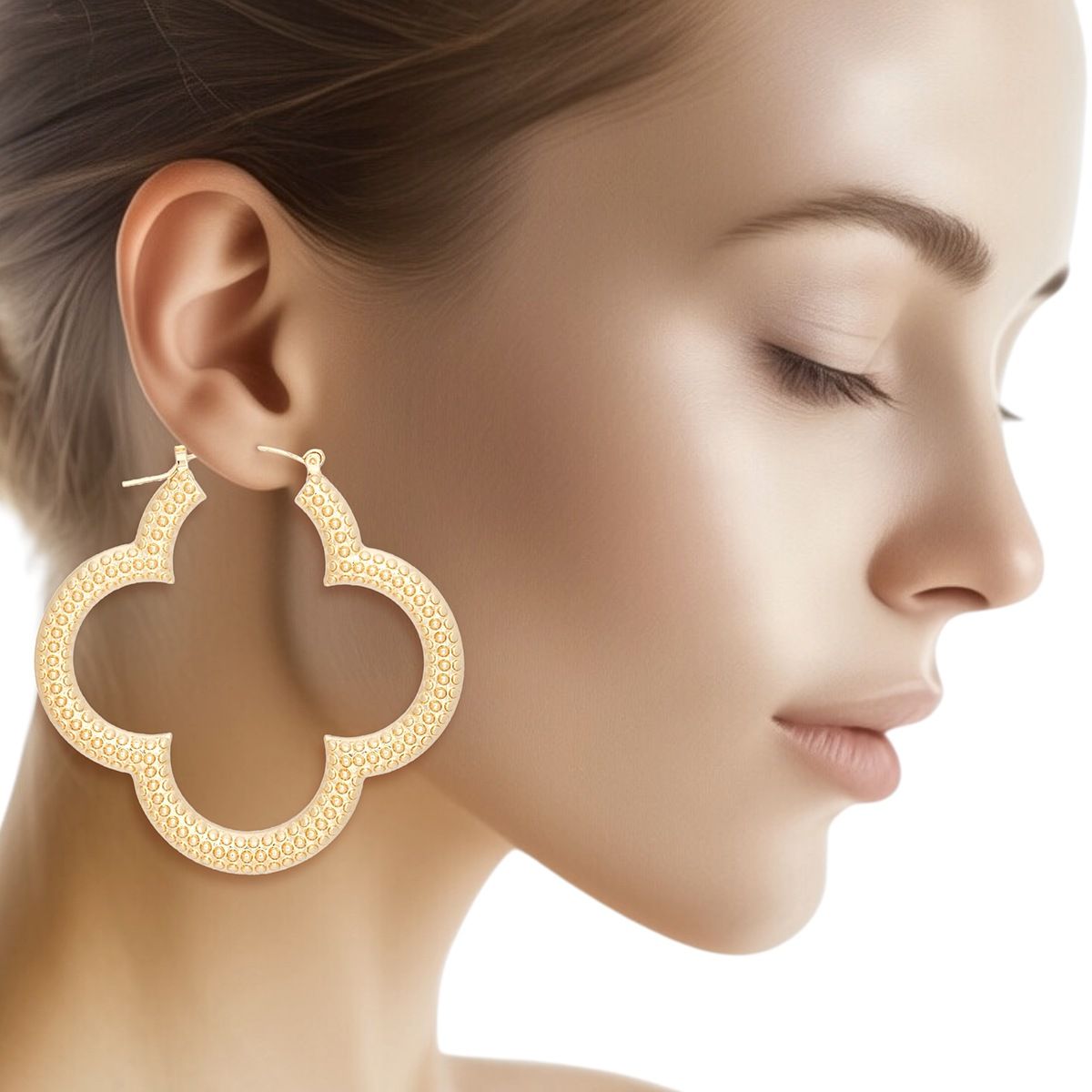 Hoops Gold Textured Quatrefoil Earrings for Women