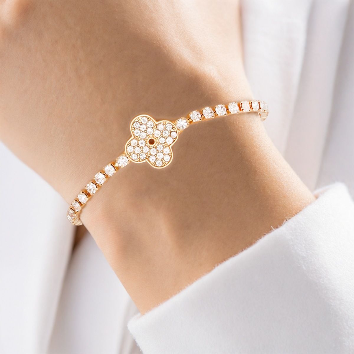 Tennis Bracelet Gold Pave Quatrefoil Clover Women
