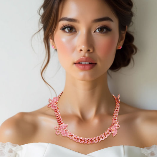 Iced Rose Gold Butterfly Cuban Chain Set