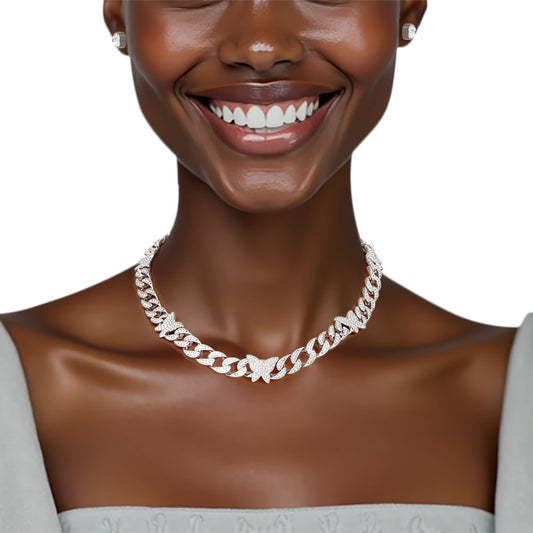 Chain Feminine Flair Iced Silver Butterfly Necklace