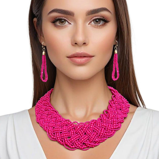 Collar Fuchsia Seed Bead Braided Collar Necklace