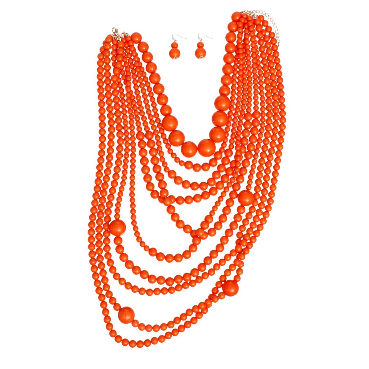 Beaded Orange 10 Strand Long Layered Necklace