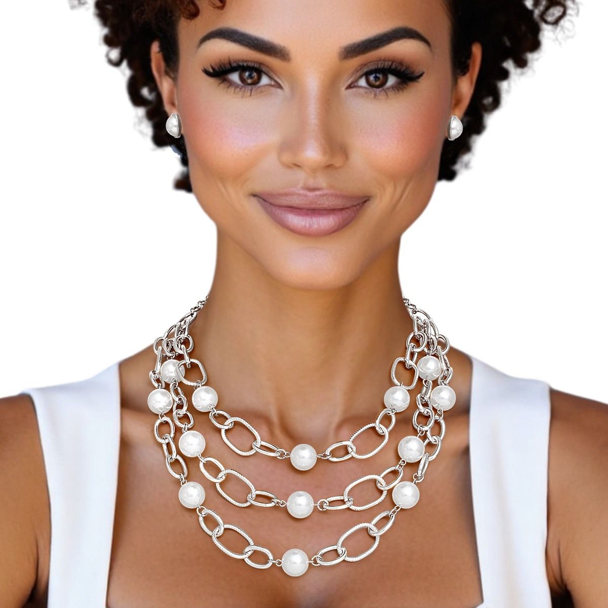 Chain Silver Parisian Chic White Pearl Necklace