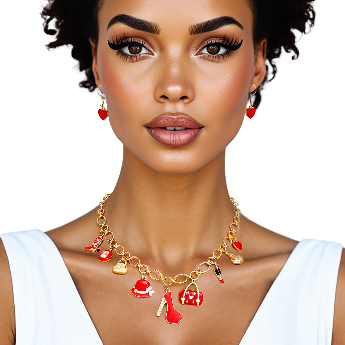 Charm Gold Red Cowgirl Boot High Heel Necklace