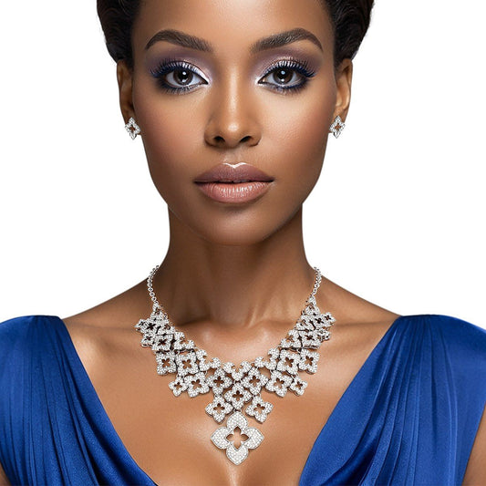 Bib Silver Monogram Flower Rhinestone Necklace Set