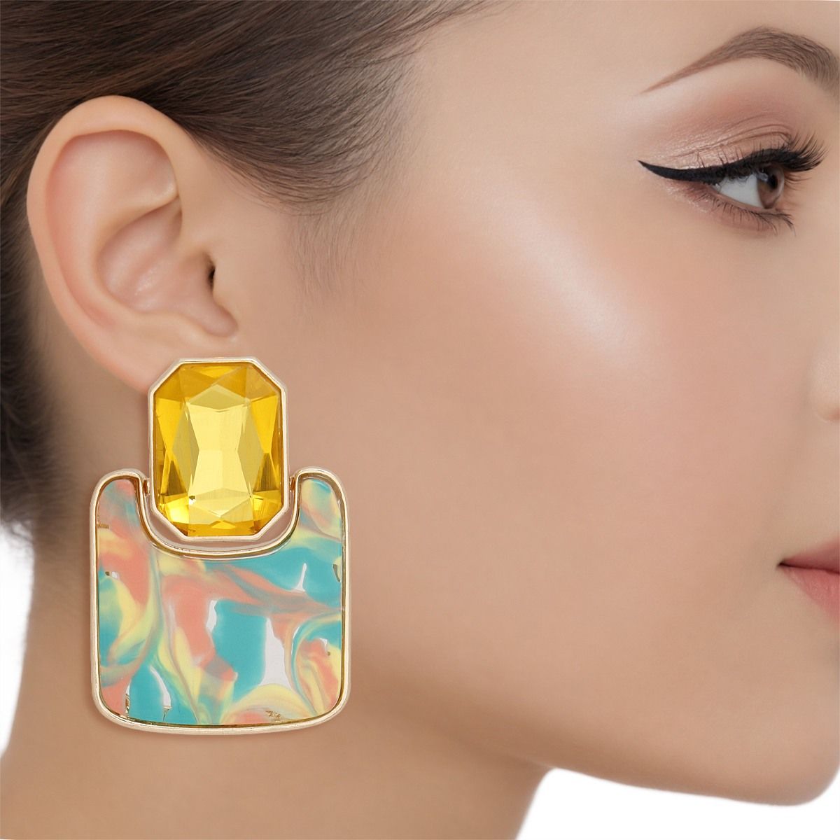 Drop Retro Glam Yellow Crystal Marbled Earrings