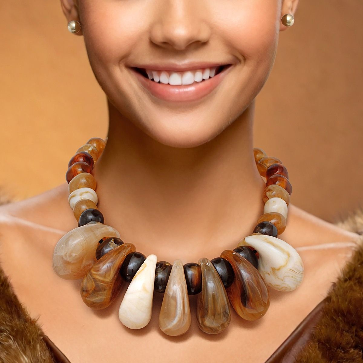 Beaded Rich Marbled Earthy Tone Teardrop Necklace