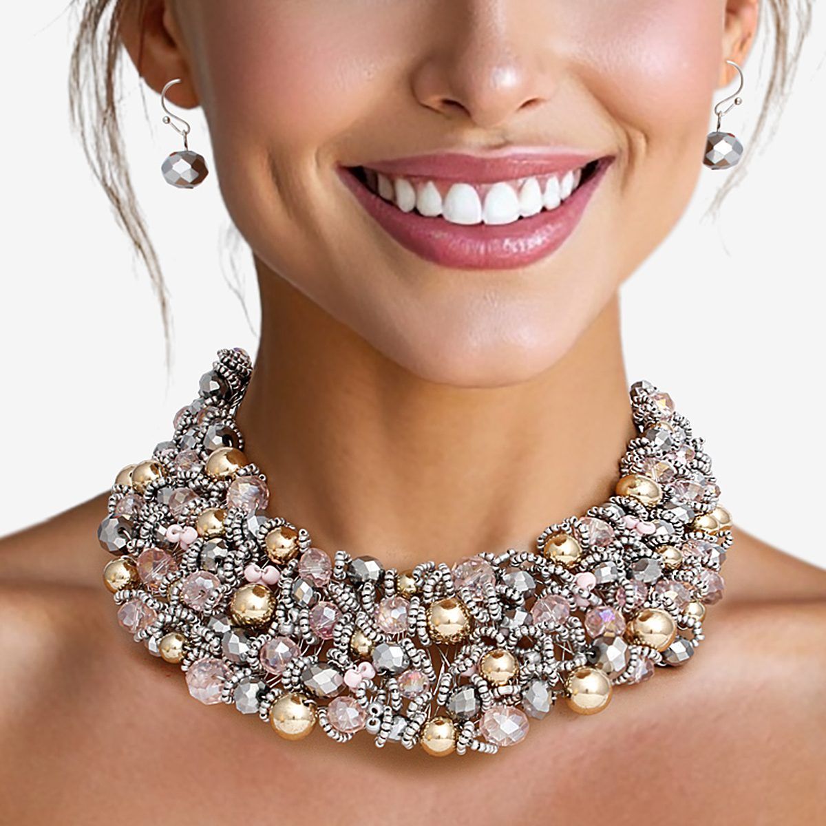 Bib Light Pink Silver Artistic Glass Copper Choker