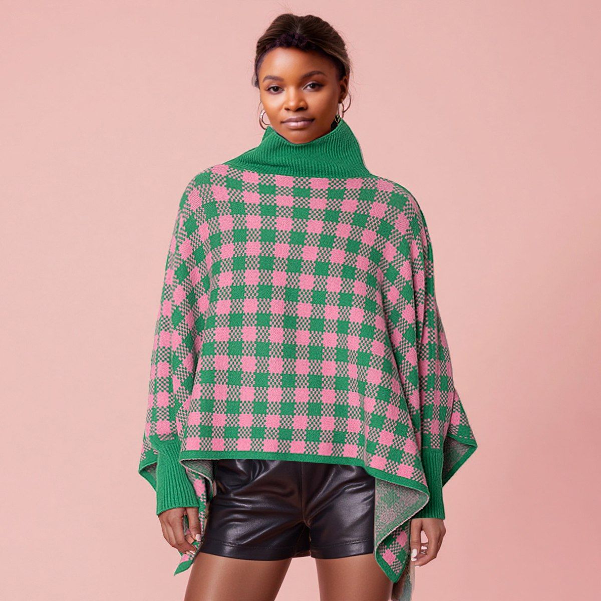 AKA Sorority Pink Green Checkerboard Knit Poncho