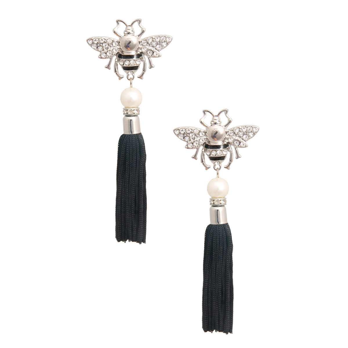 Designer Silver Pearl Bee Tassel Earrings