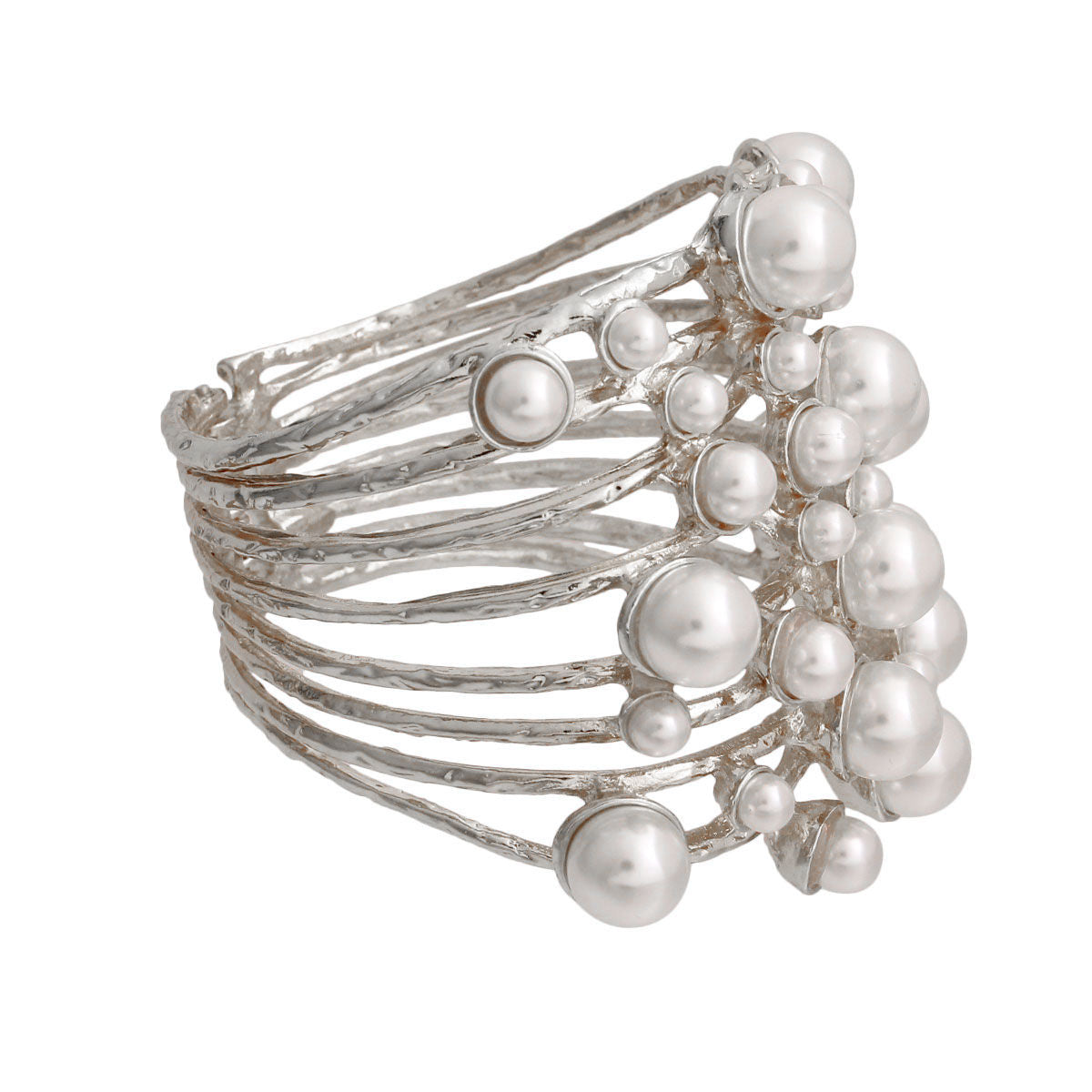 White Pearl Studded Silver Hinge Cuff