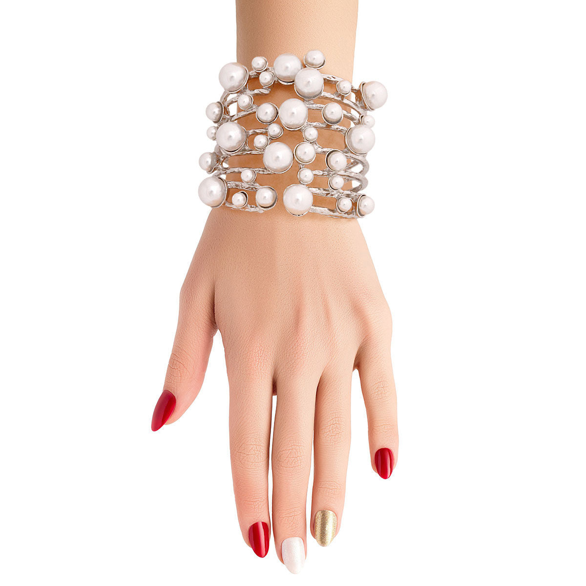 White Pearl Studded Silver Hinge Cuff