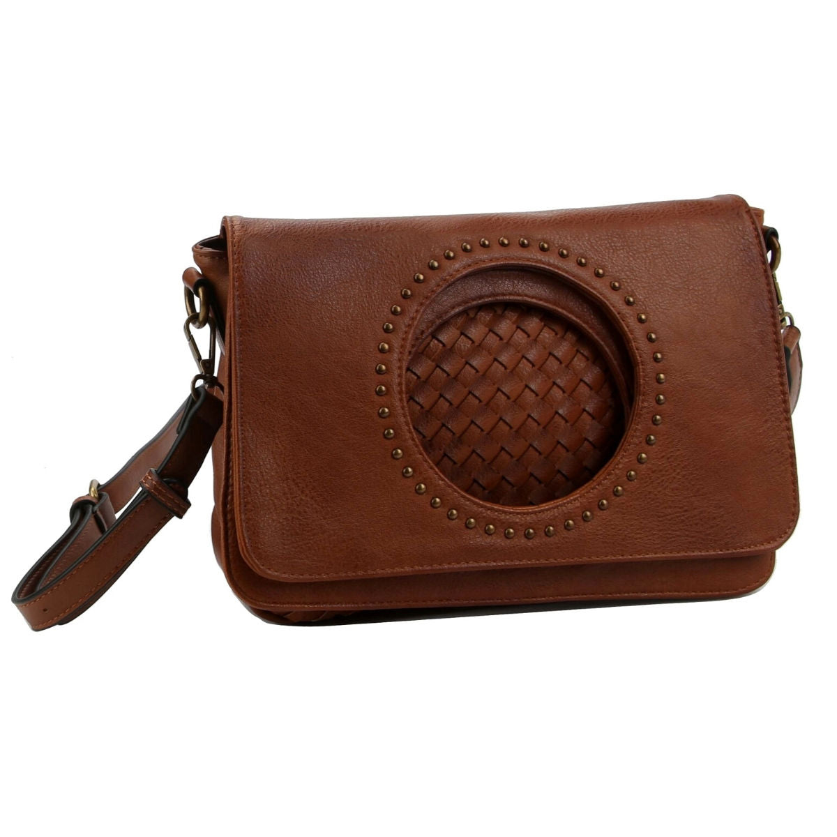 Brown Leather Woven Flap Crossbody