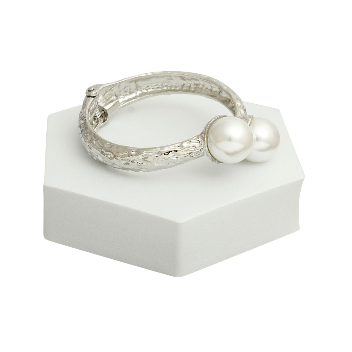 Chunky Hammered Silver Pearl Cuff