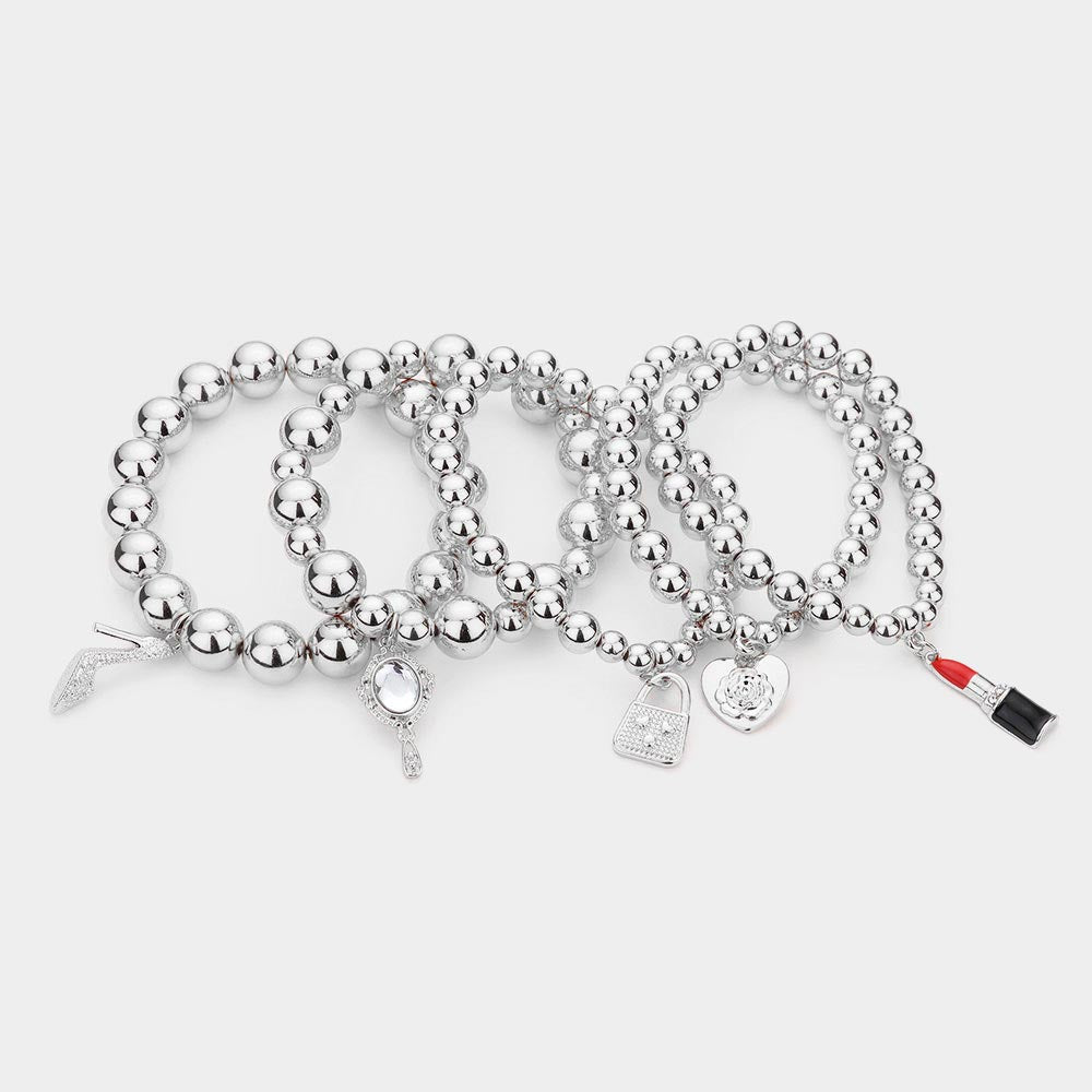 FLOWER HEART HAND MIRROR LIPSTICK STILETTO HILL TOTE BAG CHARM BEADED STRETCH BRACELETS