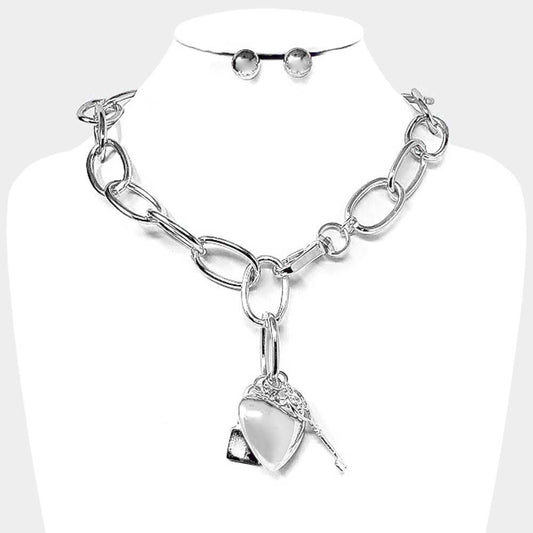 METAL HEART KEY LOCK PENDANT NECKLACE