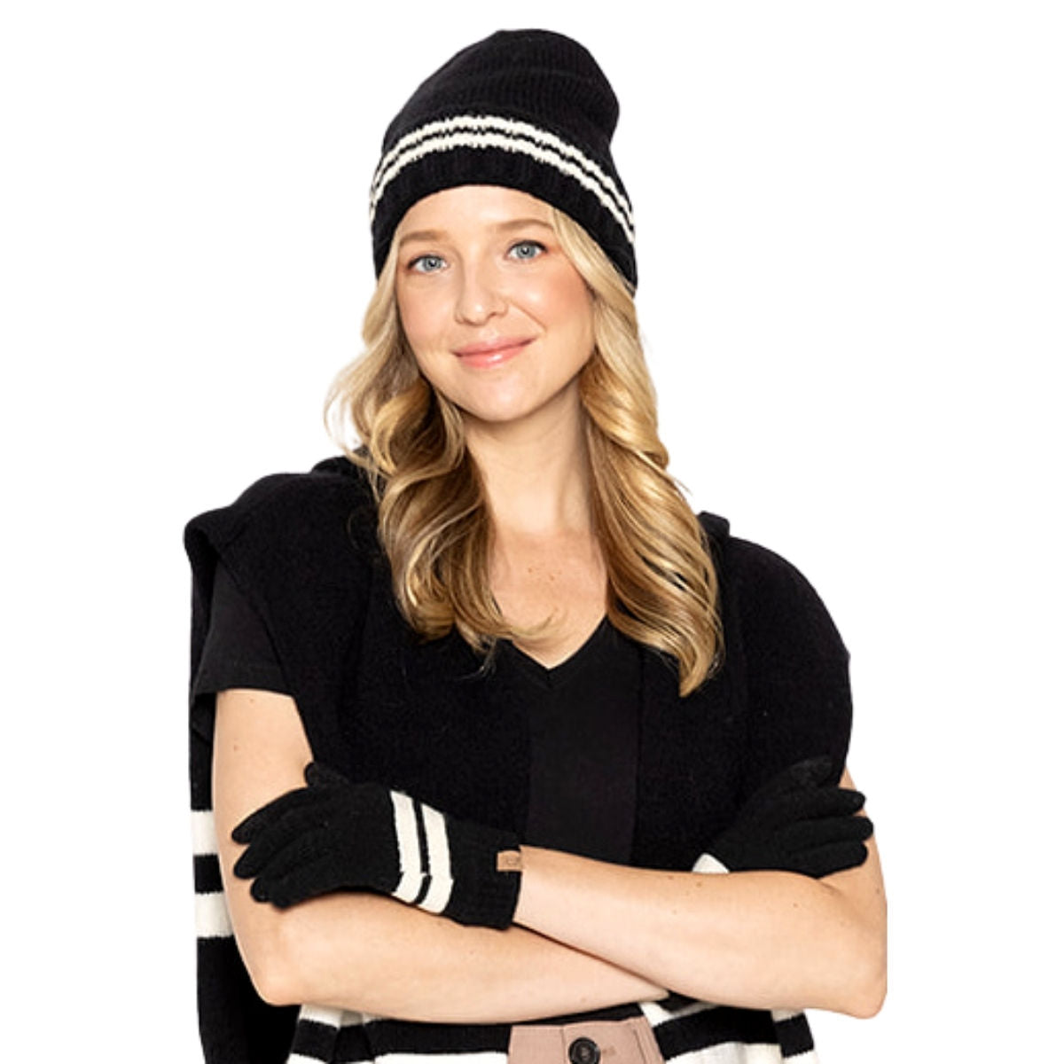 Black Stripe Knit Cuff Beanie