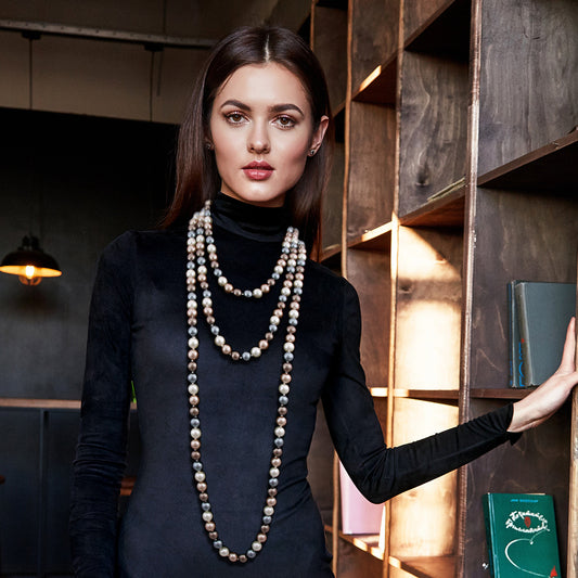 Gold, Cream, and Gray Glass Pearls Coco Designer Style Endless Necklace
