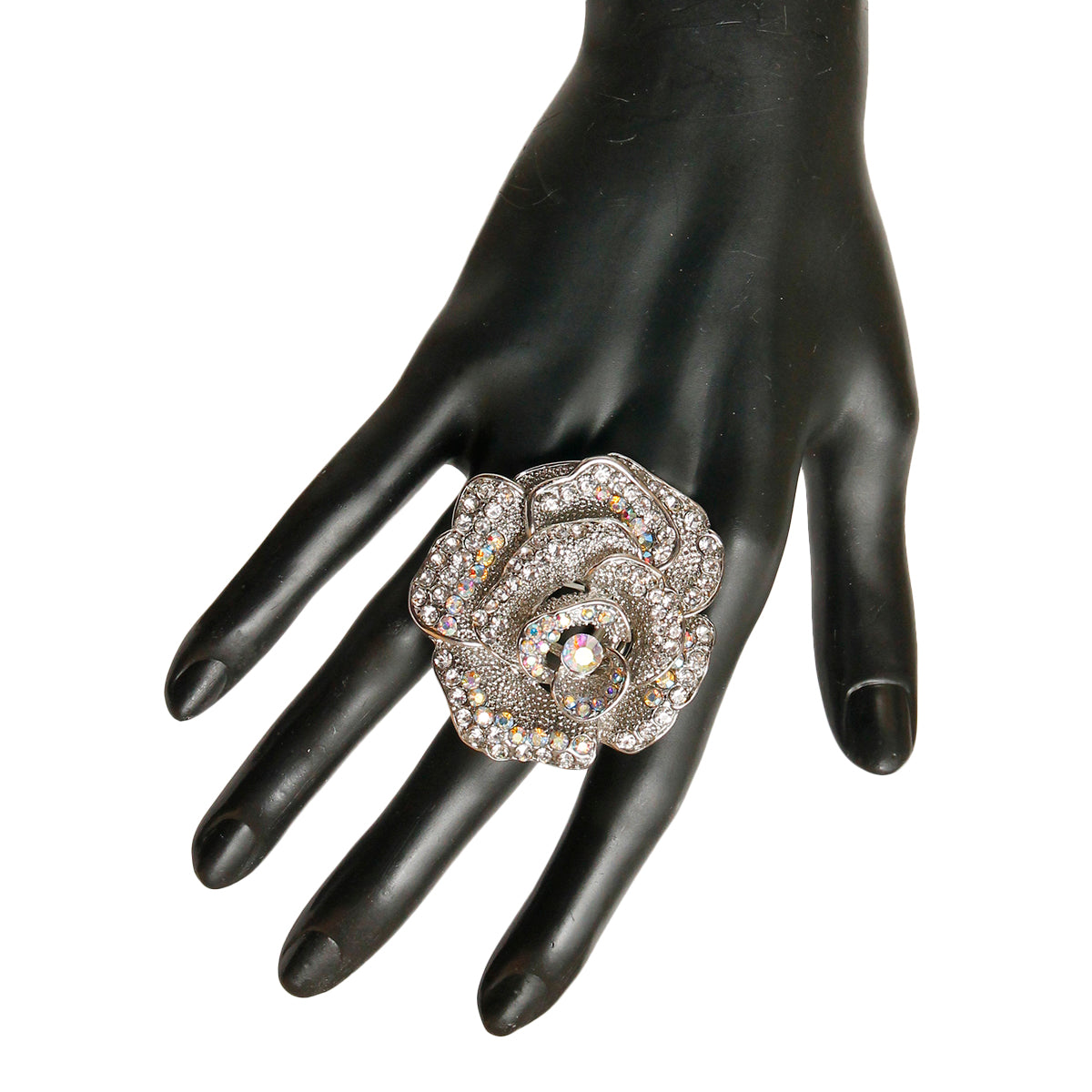 Silver Rhinestone Rose Ring