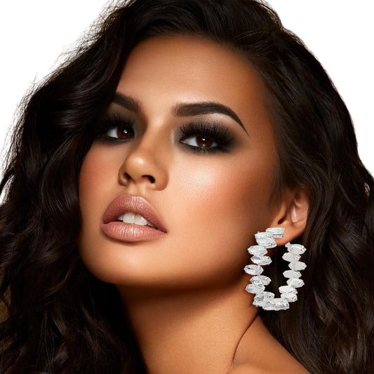 Silver Marquise Glass Crystal Hoops