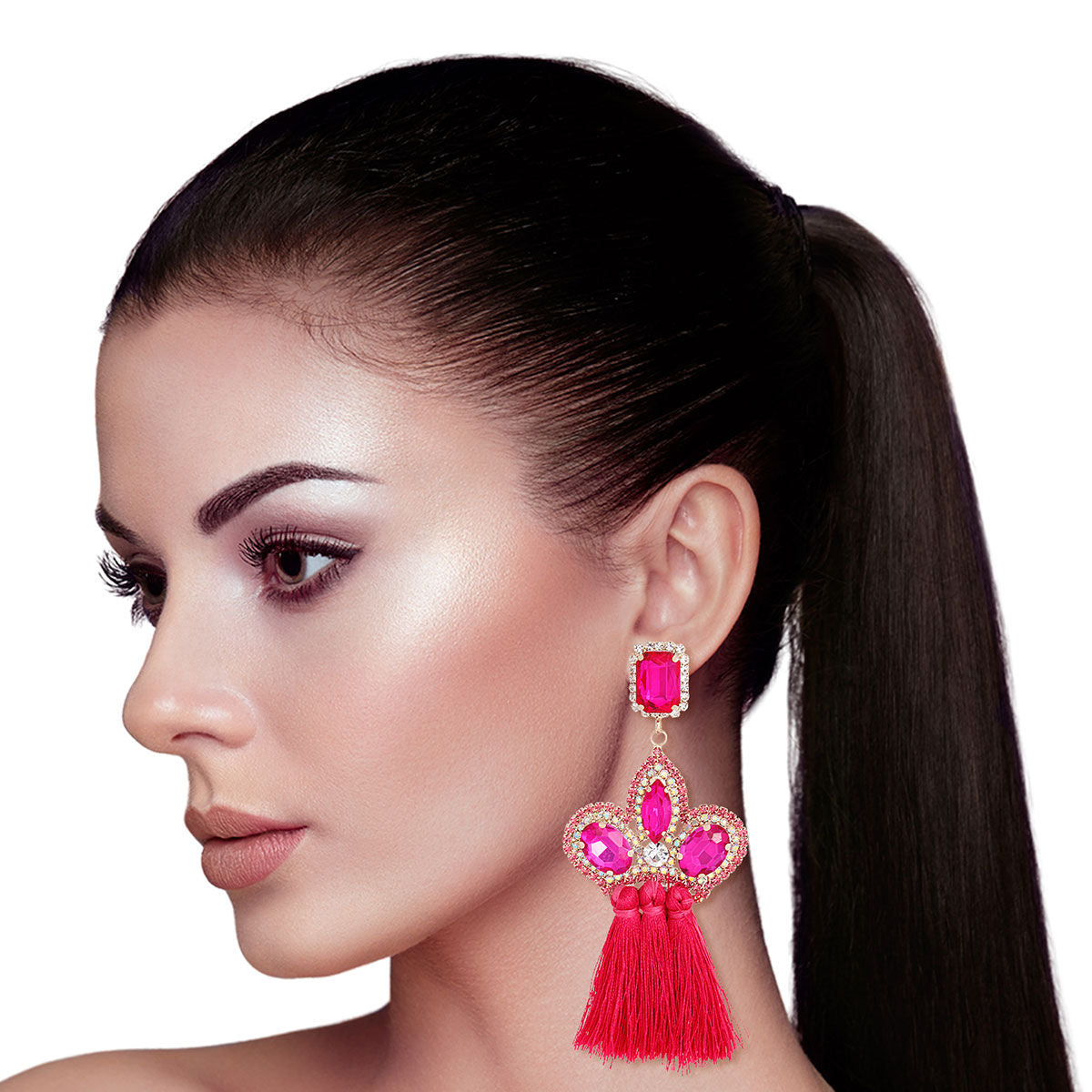 Fuchsia Triple Tassel Stone Earrings