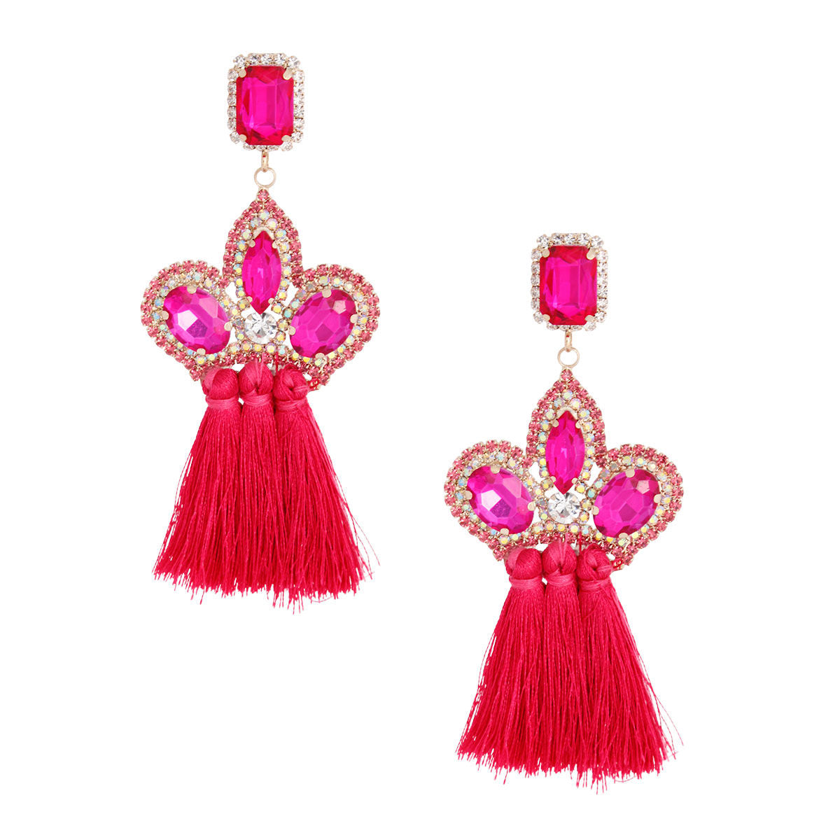 Fuchsia Triple Tassel Stone Earrings