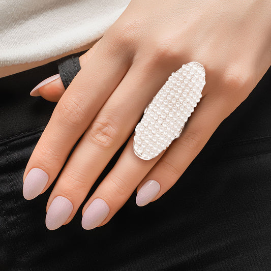 White Pearl and Silver Long Oval Ring