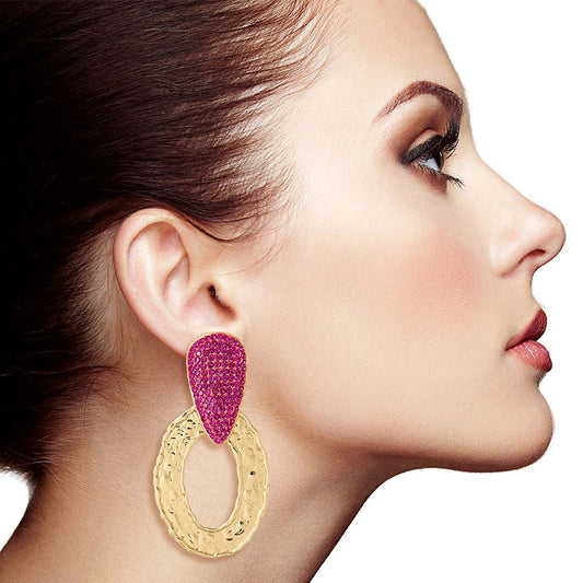 Fuchsia Gold Oval Drop Earrings