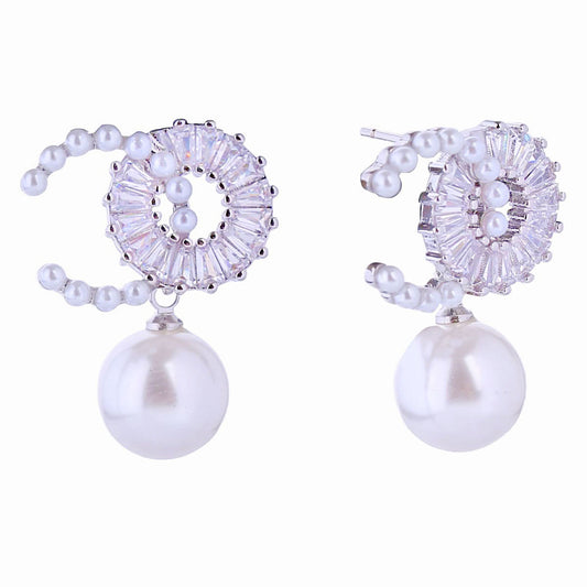 14K White Gold CZ Drop Pearl Earrings