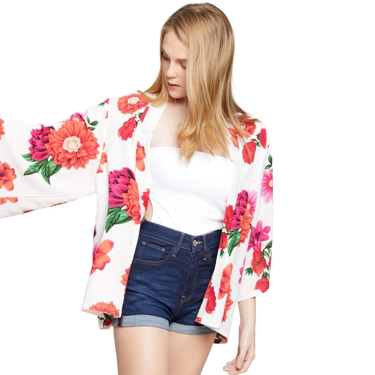 White Pink Flower Kimono