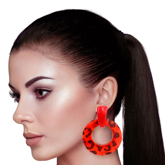 Red Leopard Circle Earrings