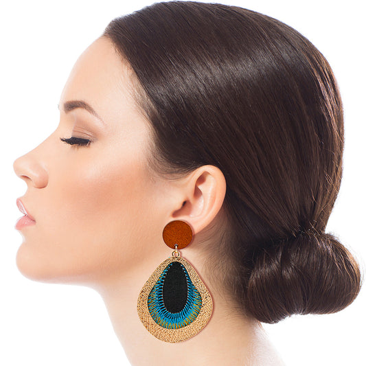 Embroidered Aqua Teardrop Earrings