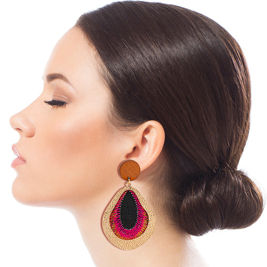 Embroidered Fuchsia Teardrop Earrings