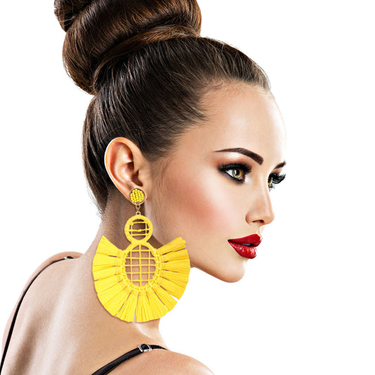 Yellow Woven Raffia Tassel Earrings