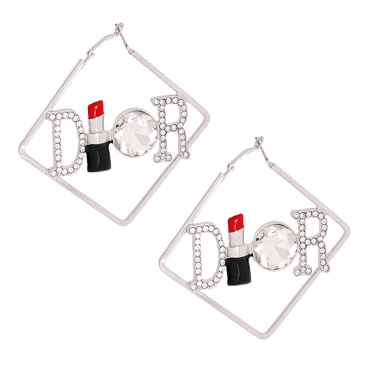 Silver Designer Red Lipstick Hoops